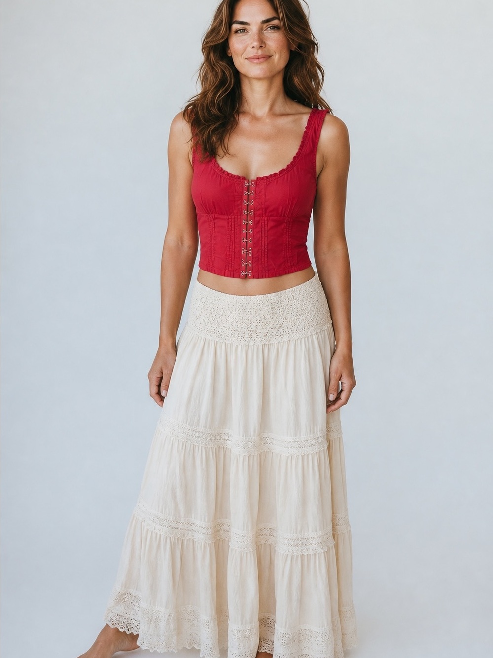 Free People Amelia Corset Top Size Large in Convertible Red | Hook & Eye Crop fo